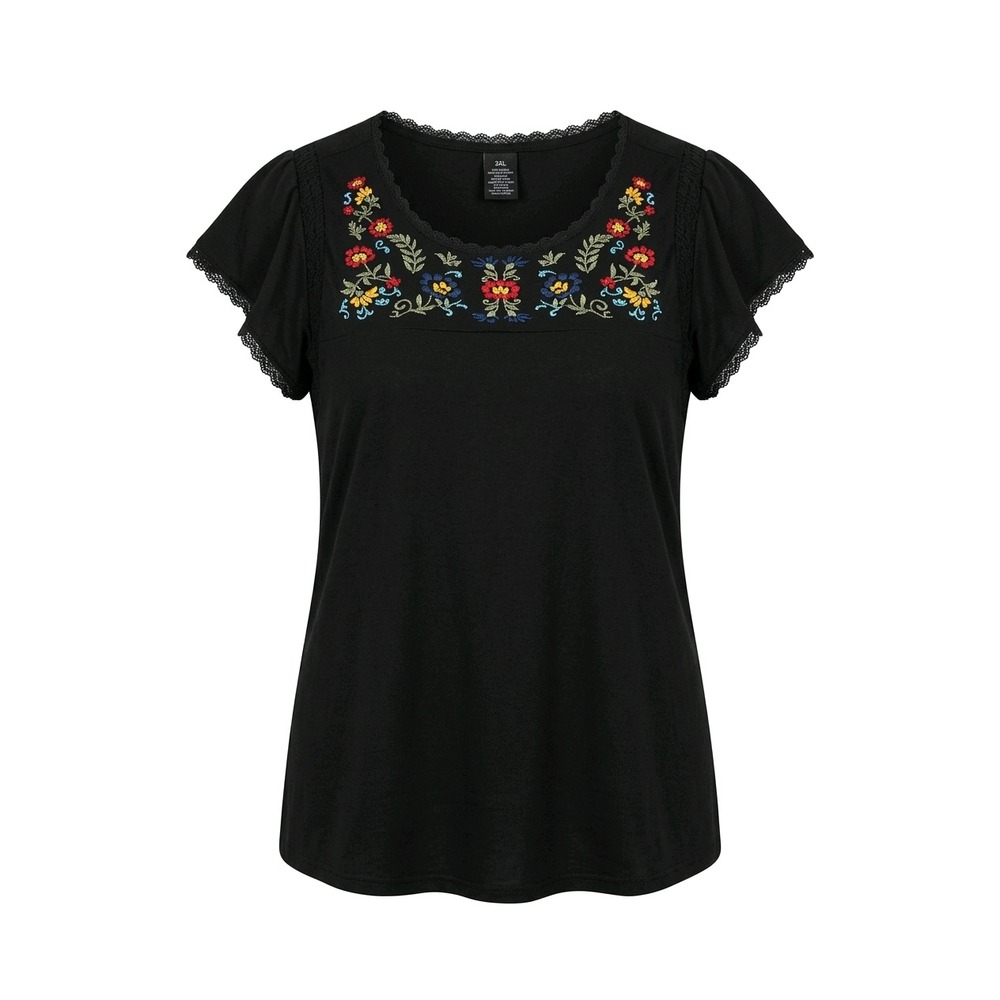 Torrid Womens Black Floral Embroidered Flutter Sleeve Lace Trim Top 2XL 1417